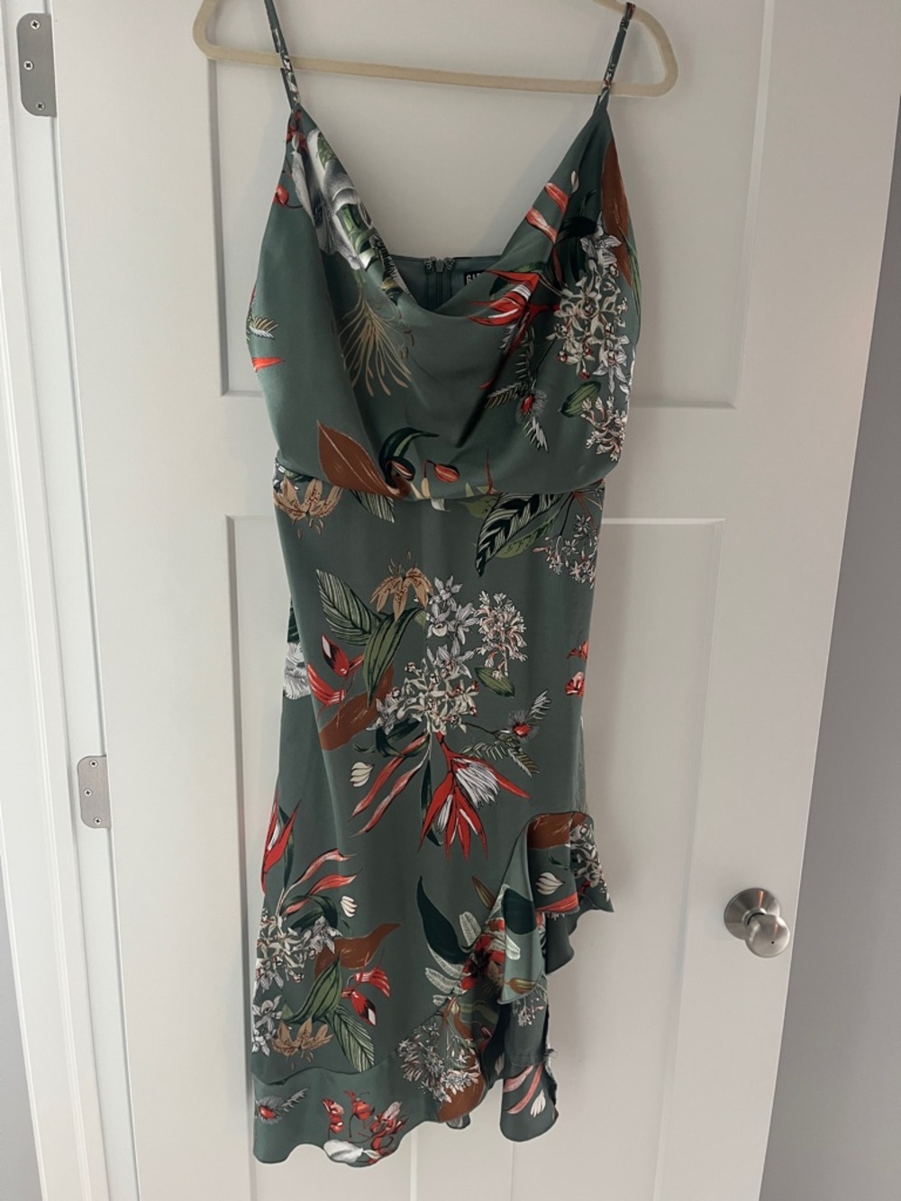 Green Floral Slip Midi Dress with Ruffle Hem